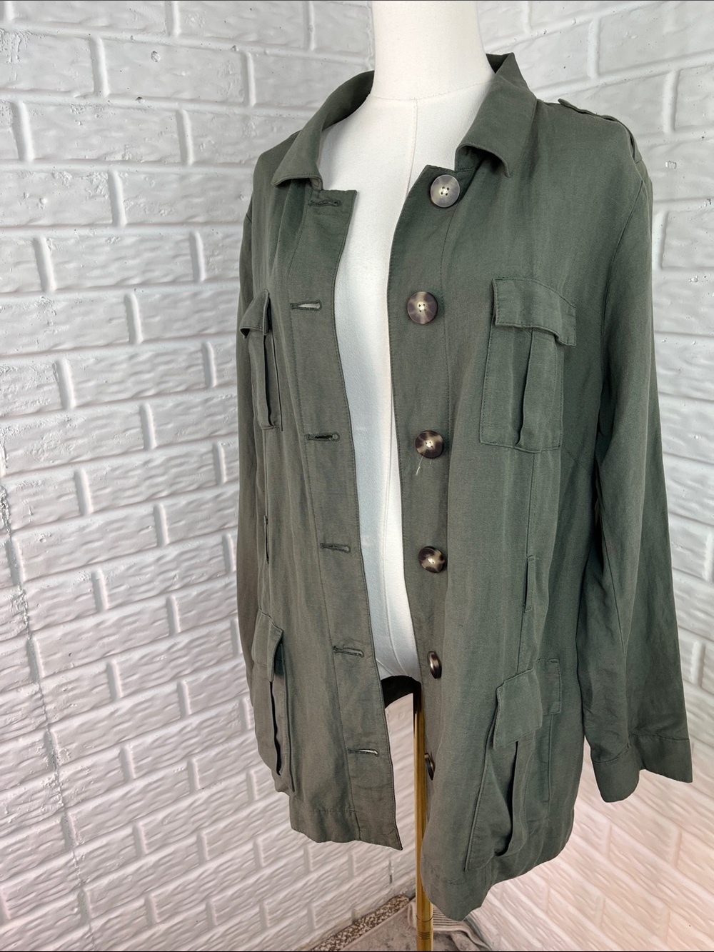 J. JILL UTILITY JACKET ARMY GREEN MILITARY SAFARI BUTTON UP LINEN BLEND SZ LG - Picture 5 of 13